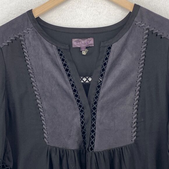 HALE BOB Top M Rosetta Suede Blouse Lace Trim V-Neck Long Sleeve Boho Black - Picture 3 of 11